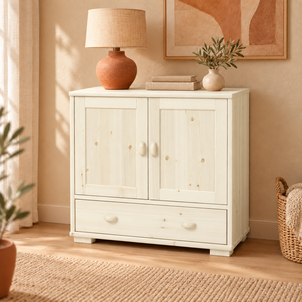 Vanessa Kommode Bio Massivholz | 2-türig Sideboard mit 1 Schublade aus 100% Bio Holz
