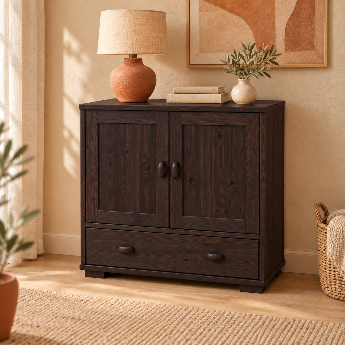 Vanessa Kommode Bio Massivholz | 2-türig Sideboard mit 1 Schublade aus 100% Bio Holz