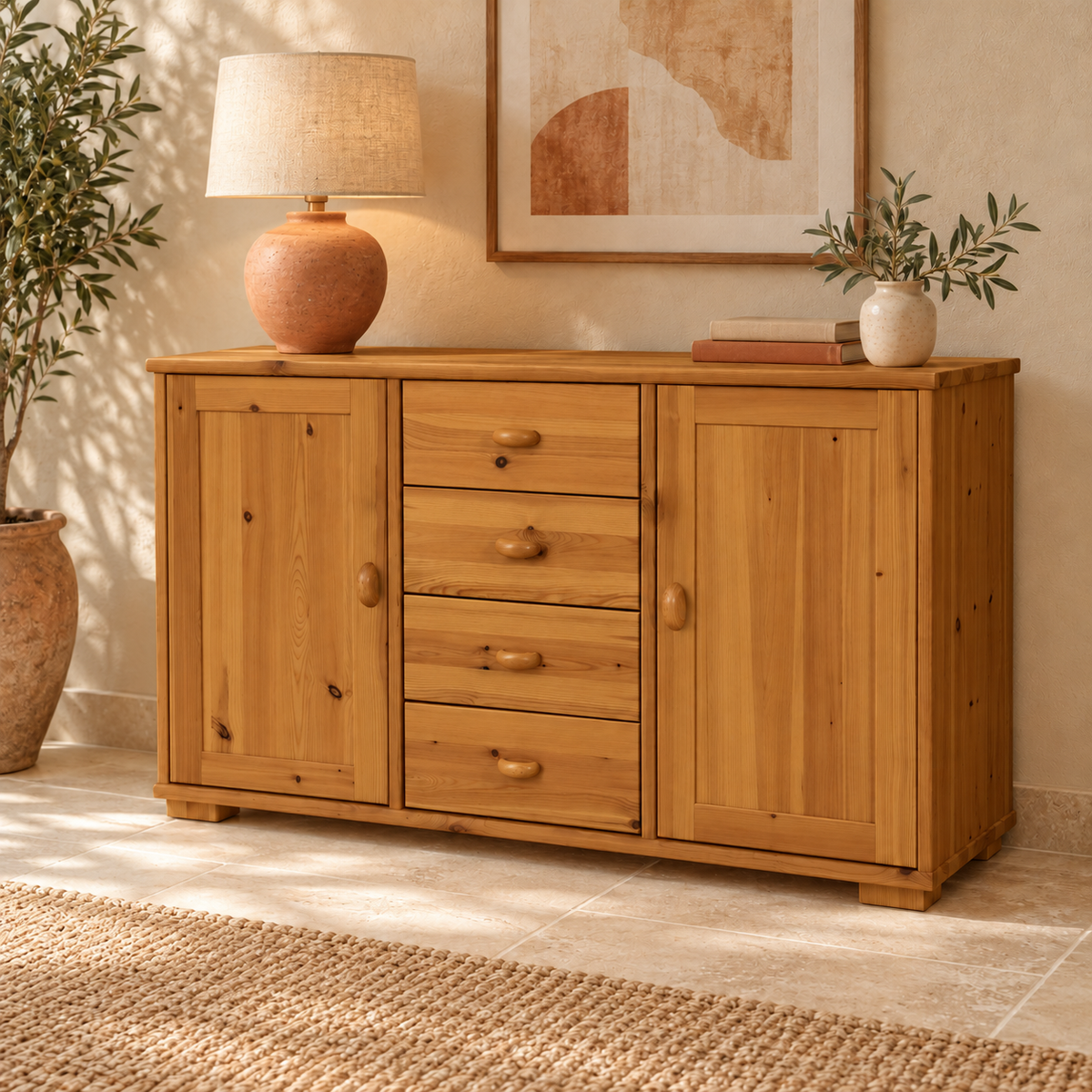 Vanessa Kommode aus Massivholz | 2-türig mit 4 Schubladen | 100% Bio-Massivholz Sideboard Anrichte