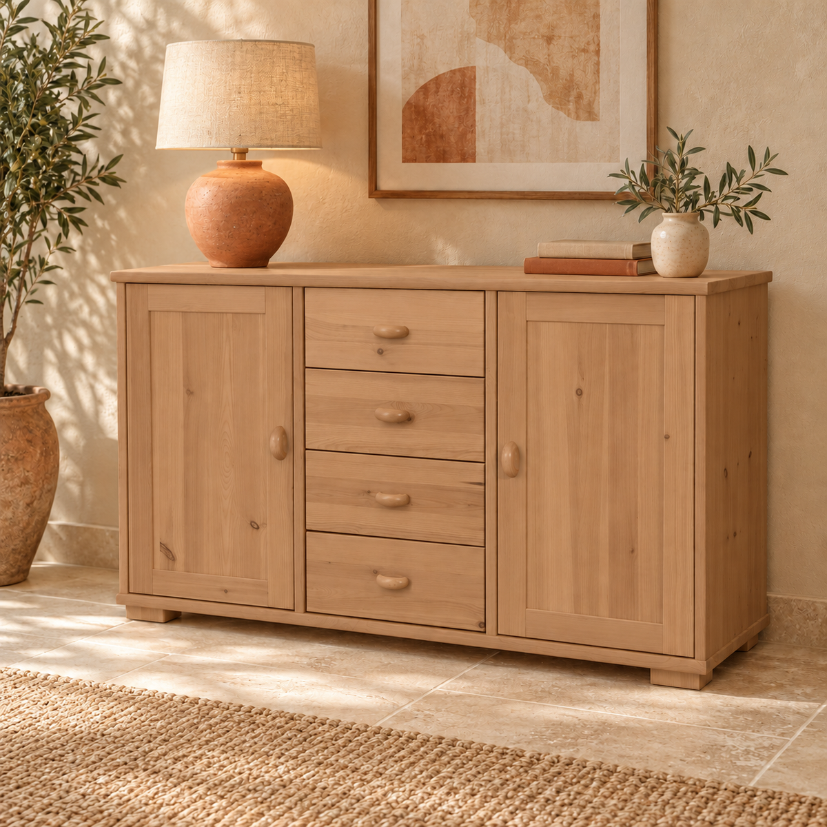 Vanessa Kommode aus Massivholz | 2-türig mit 4 Schubladen | 100% Bio-Massivholz Sideboard Anrichte