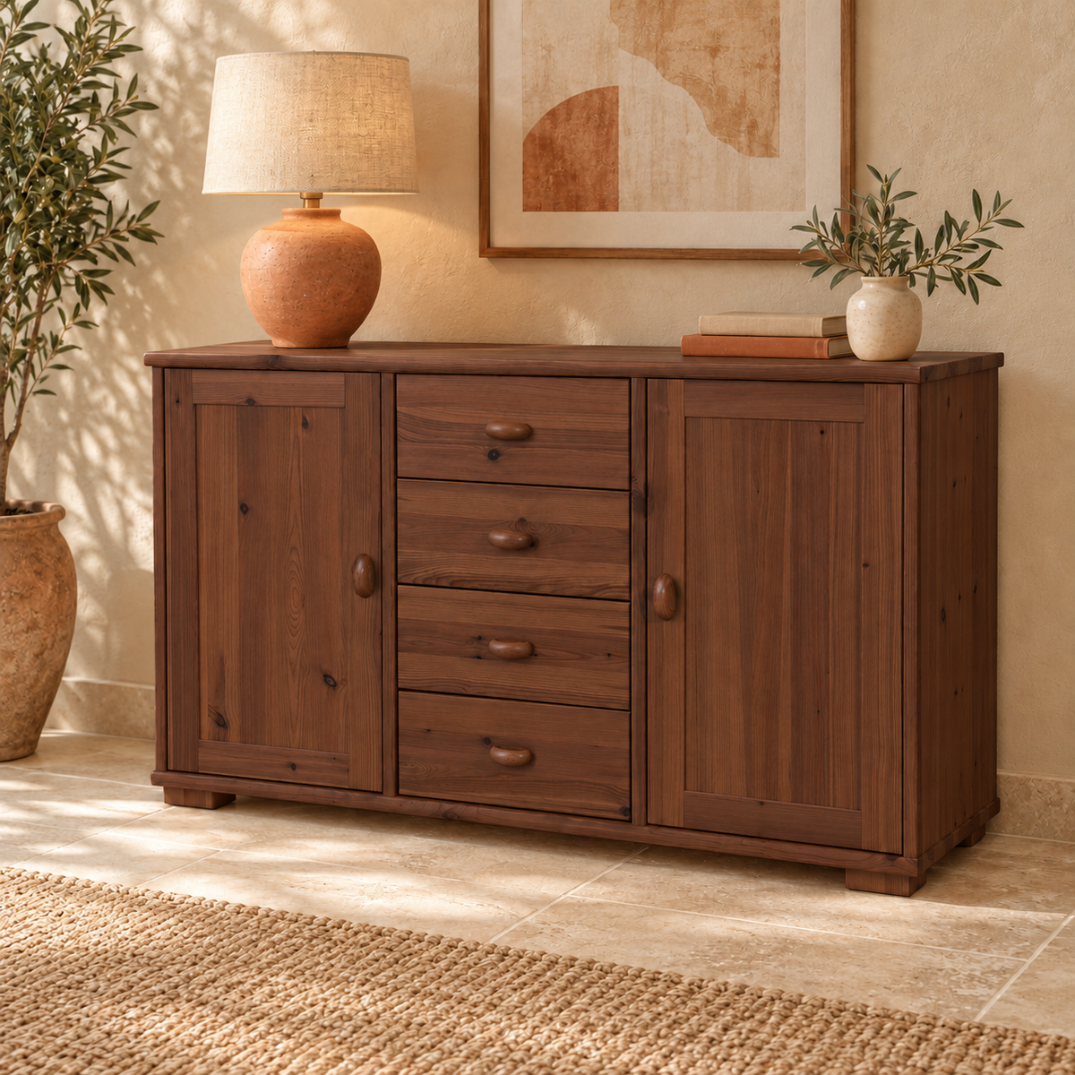 Vanessa Kommode aus Massivholz | 2-türig mit 4 Schubladen | 100% Bio-Massivholz Sideboard Anrichte