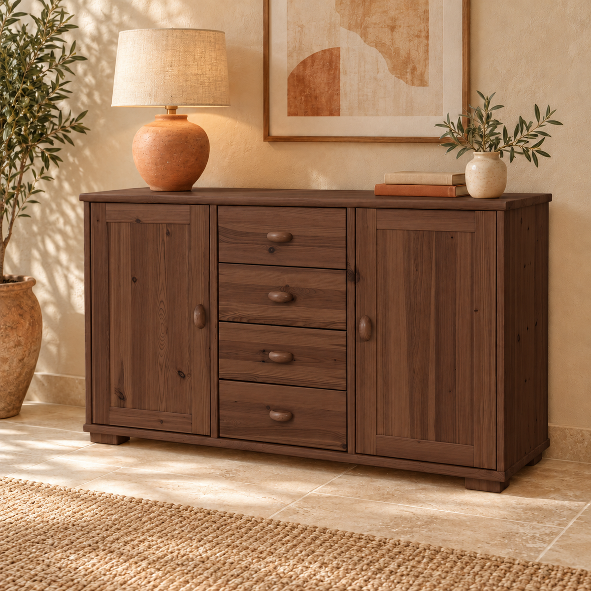 Vanessa Kommode aus Massivholz | 2-türig mit 4 Schubladen | 100% Bio-Massivholz Sideboard Anrichte