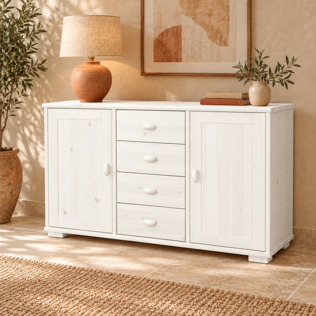 Vanessa Kommode aus Massivholz | 2-türig mit 4 Schubladen | 100% Bio-Massivholz Sideboard Anrichte