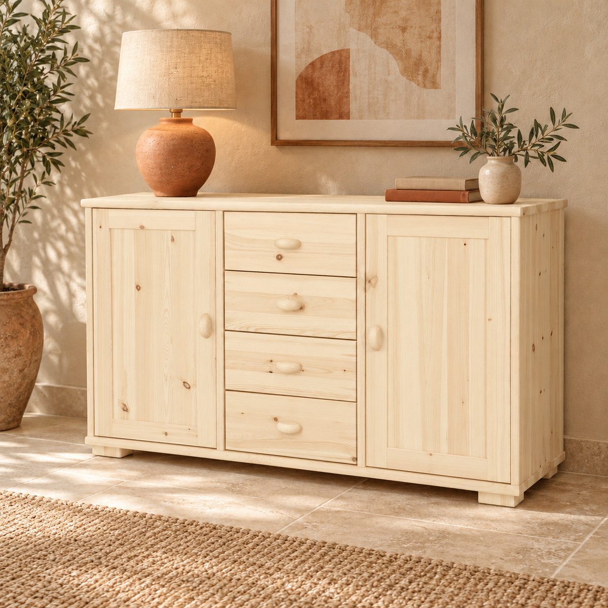 Vanessa Kommode aus Massivholz | 2-türig mit 4 Schubladen | 100% Bio-Massivholz Sideboard Anrichte