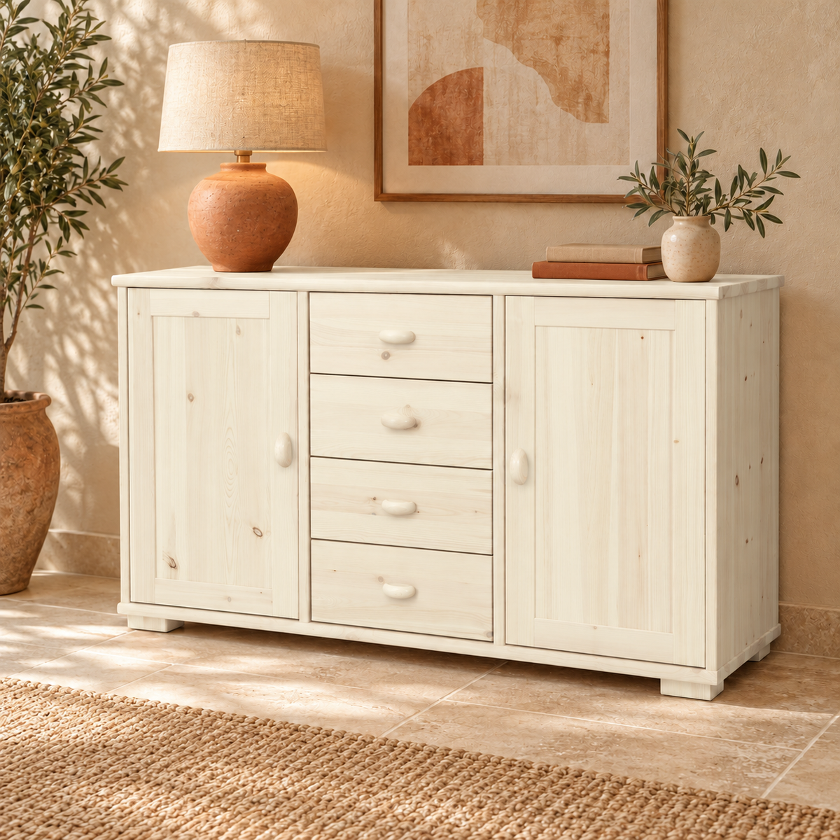 Vanessa Kommode aus Massivholz | 2-türig mit 4 Schubladen | 100% Bio-Massivholz Sideboard Anrichte