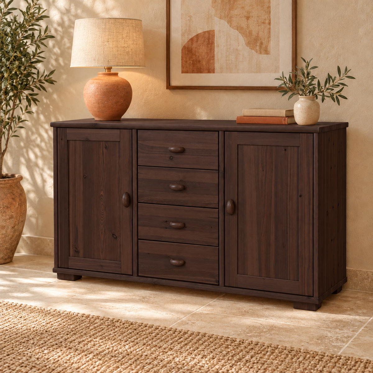 Vanessa Kommode aus Massivholz | 2-türig mit 4 Schubladen | 100% Bio-Massivholz Sideboard Anrichte