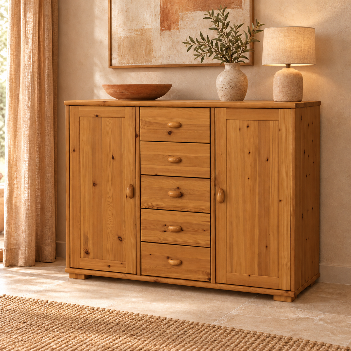 Vanessa Kommode Bio Massivholz Kiefer | 2-Türig Anrichte mit 5-Schubladen aus 100% Bio Holz
