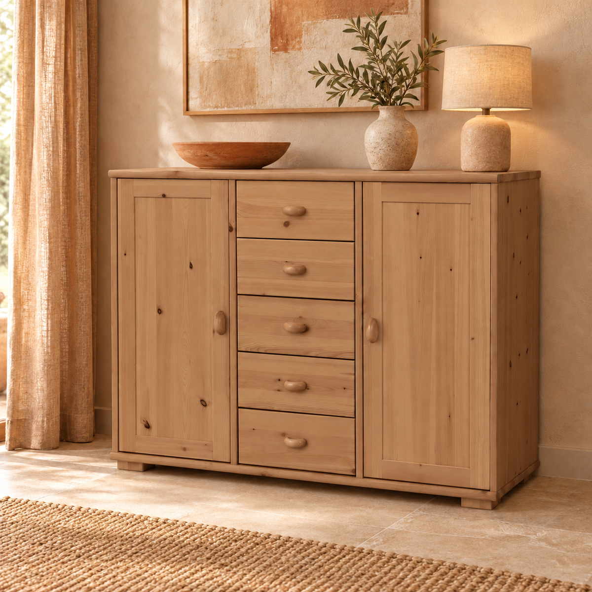 Vanessa Kommode Bio Massivholz Kiefer | 2-Türig Anrichte mit 5-Schubladen aus 100% Bio Holz