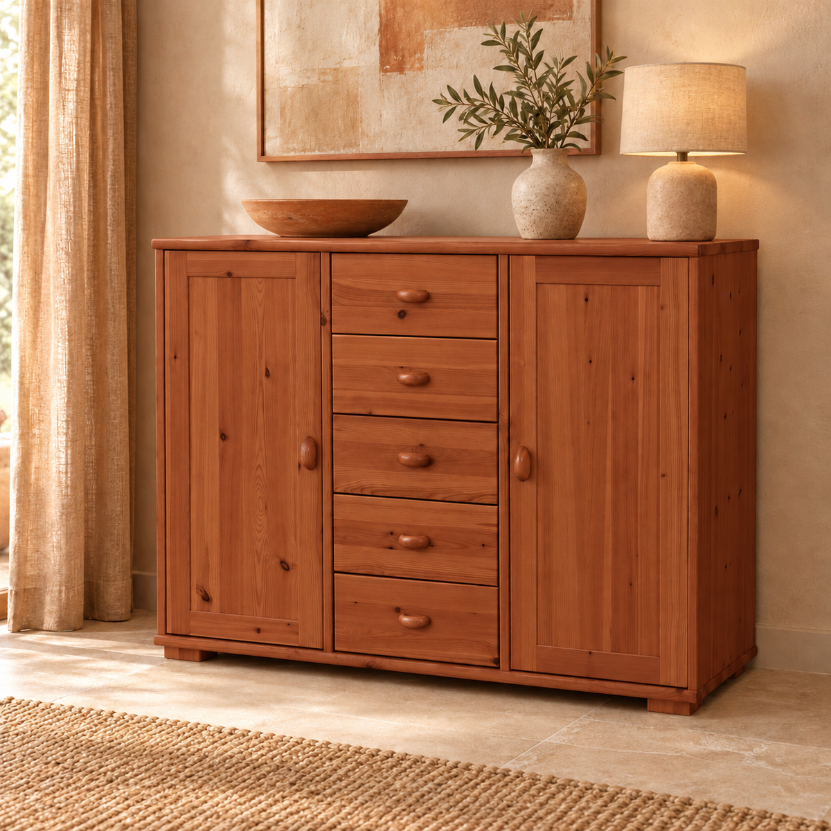 Vanessa Kommode Bio Massivholz Kiefer | 2-Türig Anrichte mit 5-Schubladen aus 100% Bio Holz