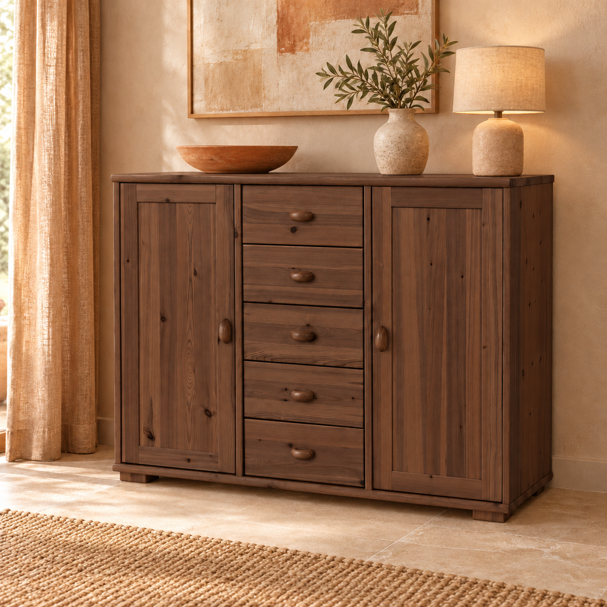 Vanessa Kommode Bio Massivholz Kiefer | 2-Türig Anrichte mit 5-Schubladen aus 100% Bio Holz