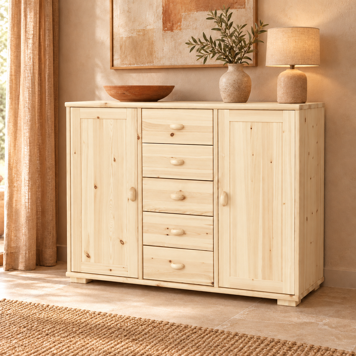 Vanessa Kommode Bio Massivholz Kiefer | 2-Türig Anrichte mit 5-Schubladen aus 100% Bio Holz