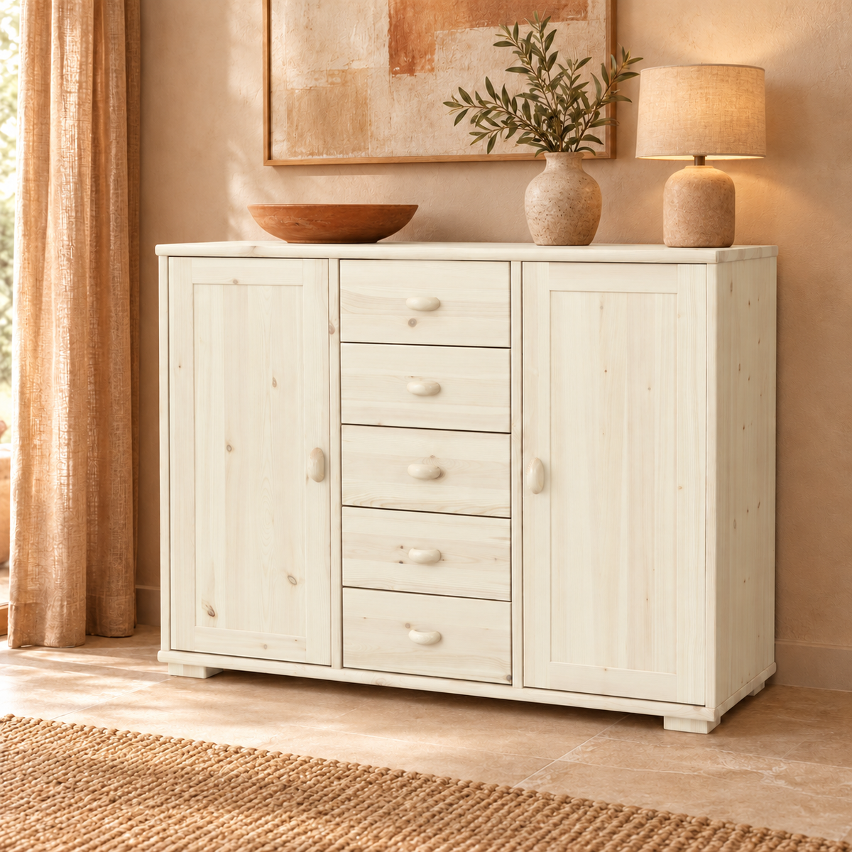 Vanessa Kommode Bio Massivholz Kiefer | 2-Türig Anrichte mit 5-Schubladen aus 100% Bio Holz