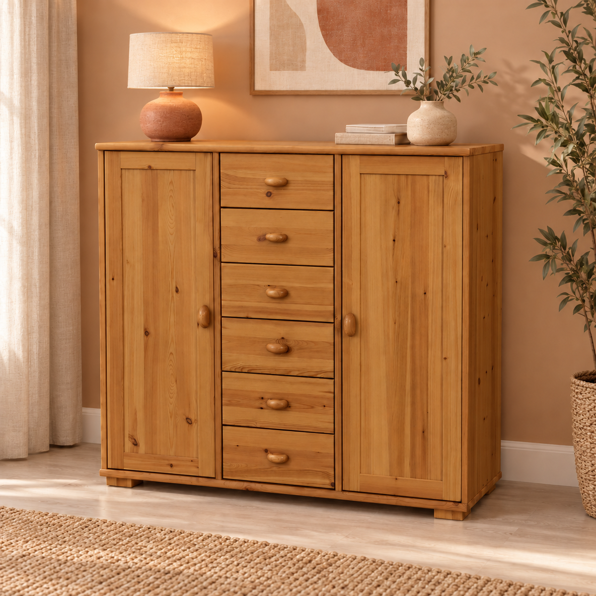 Vanessa Kommode Bio Massivholz | 2-Türig mit 6 Schubladen | Hochwertiges Sideboard aus 100% Bio Massivholz