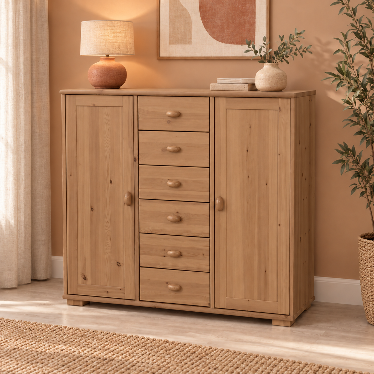 Vanessa Kommode Bio Massivholz | 2-Türig mit 6 Schubladen | Hochwertiges Sideboard aus 100% Bio Massivholz