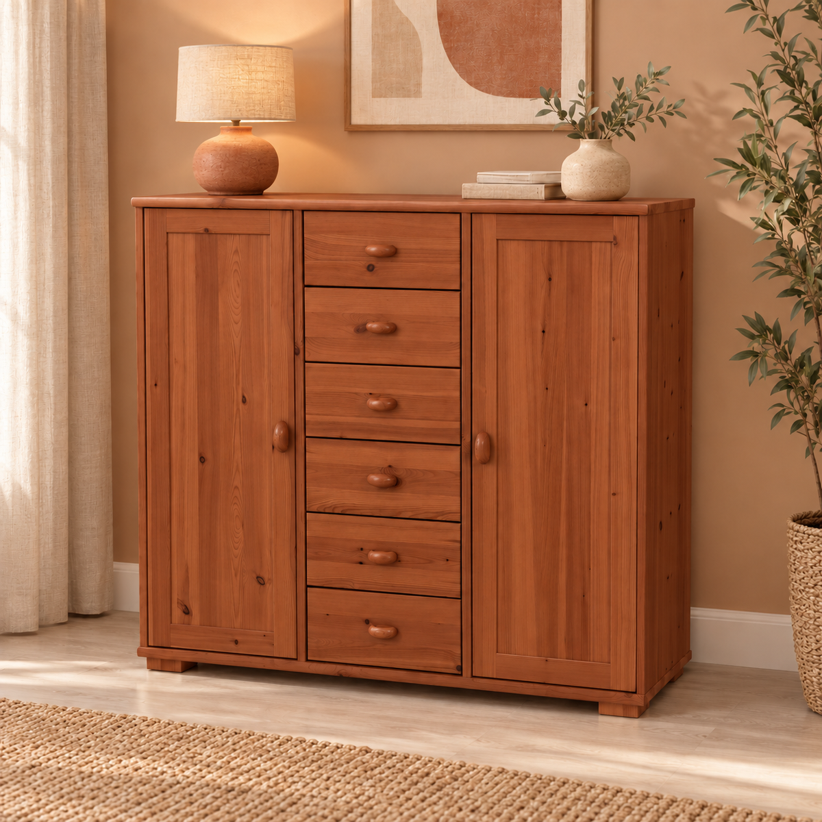 Vanessa Kommode Bio Massivholz | 2-Türig mit 6 Schubladen | Hochwertiges Sideboard aus 100% Bio Massivholz