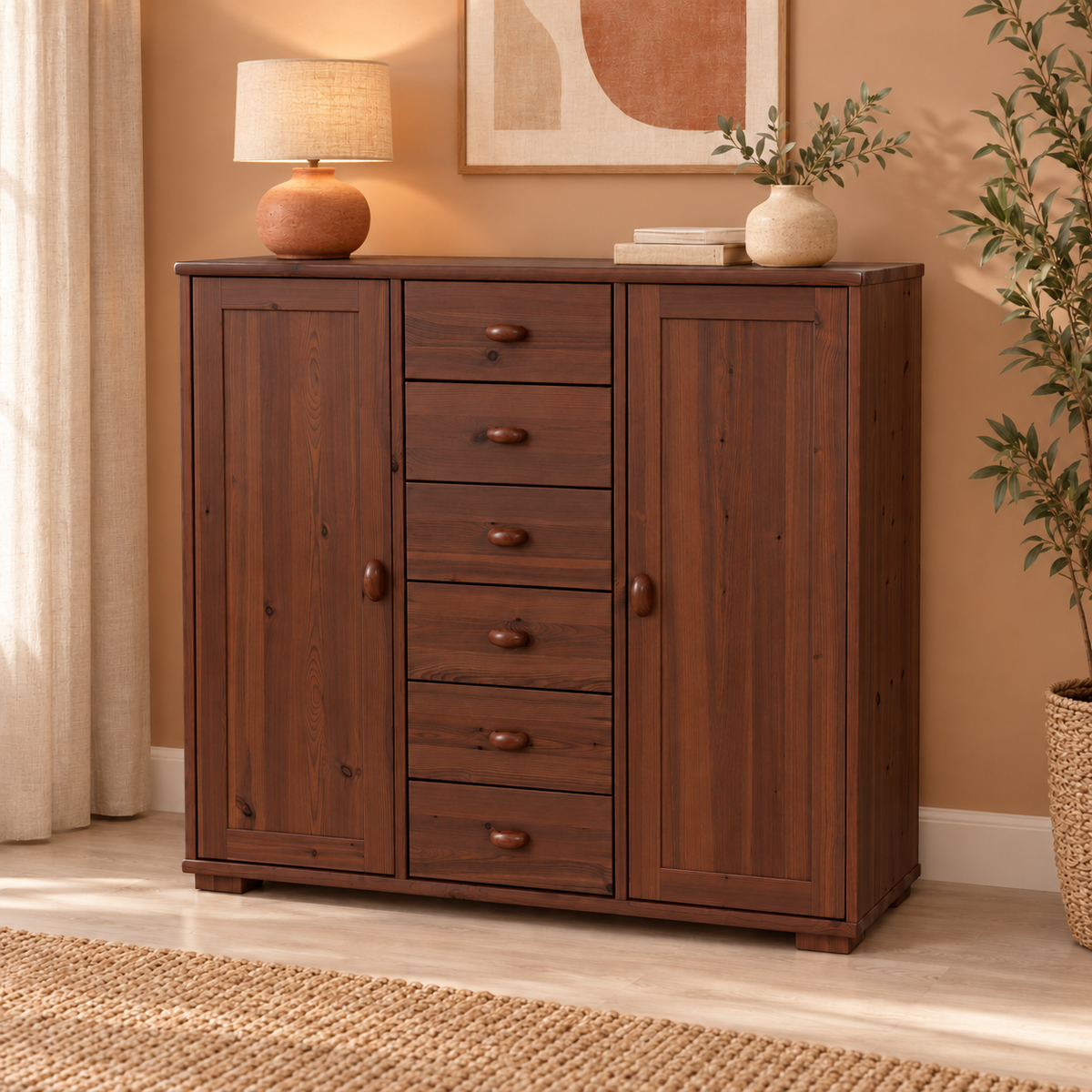 Vanessa Kommode Bio Massivholz | 2-Türig mit 6 Schubladen | Hochwertiges Sideboard aus 100% Bio Massivholz