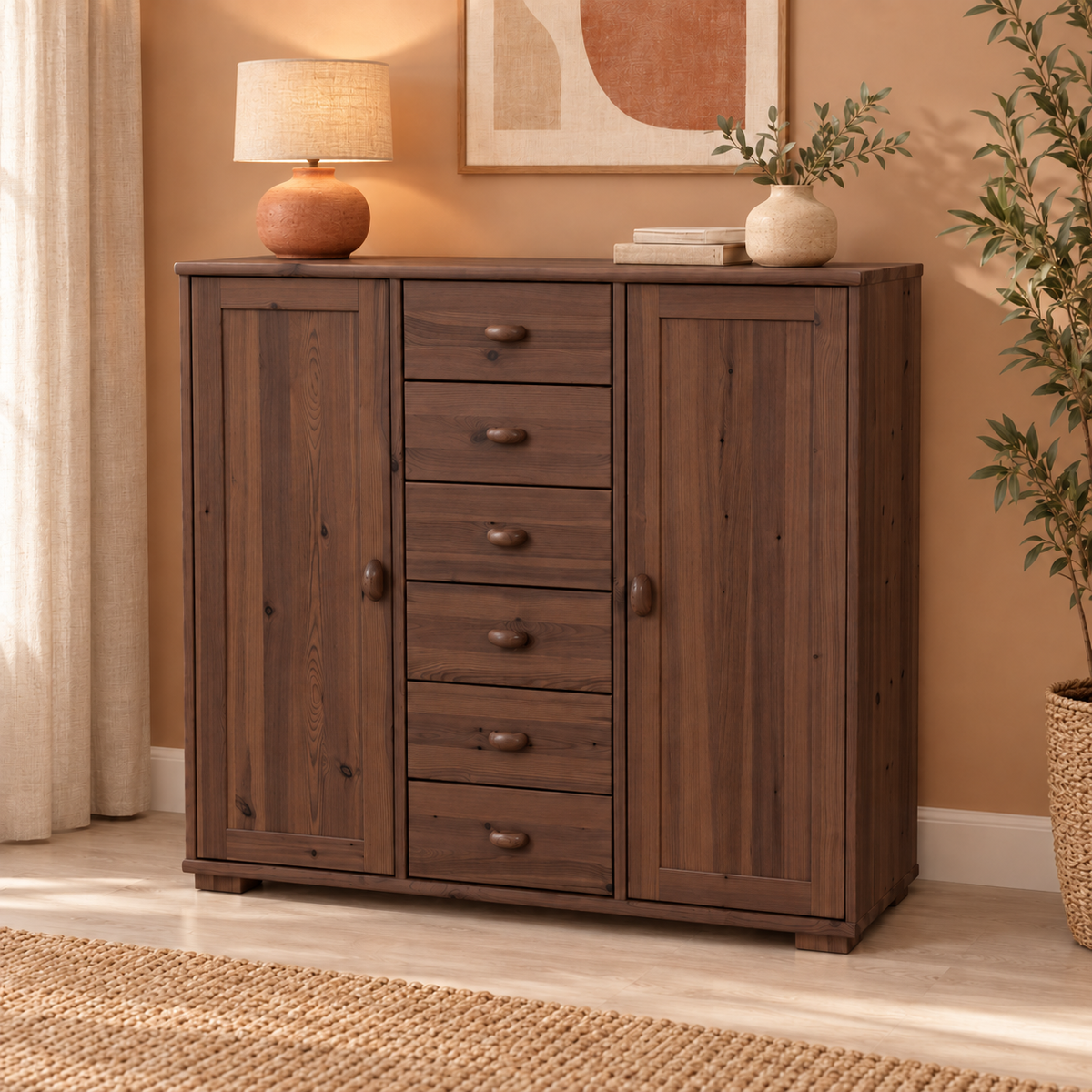 Vanessa Kommode Bio Massivholz | 2-Türig mit 6 Schubladen | Hochwertiges Sideboard aus 100% Bio Massivholz