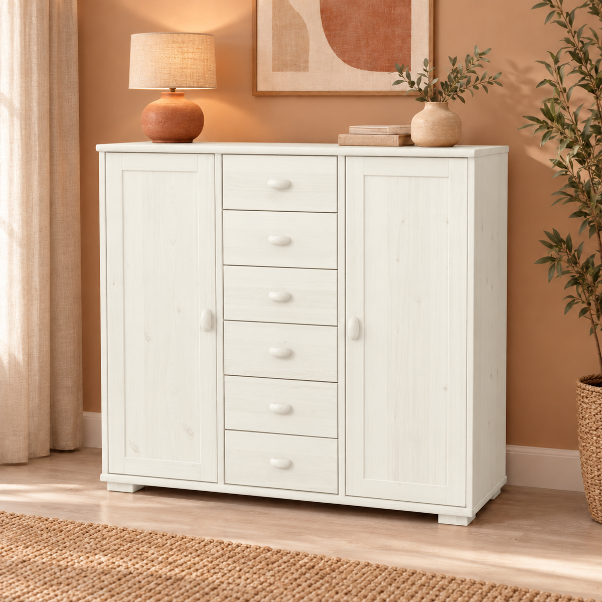 Vanessa Kommode Bio Massivholz | 2-Türig mit 6 Schubladen | Hochwertiges Sideboard aus 100% Bio Massivholz