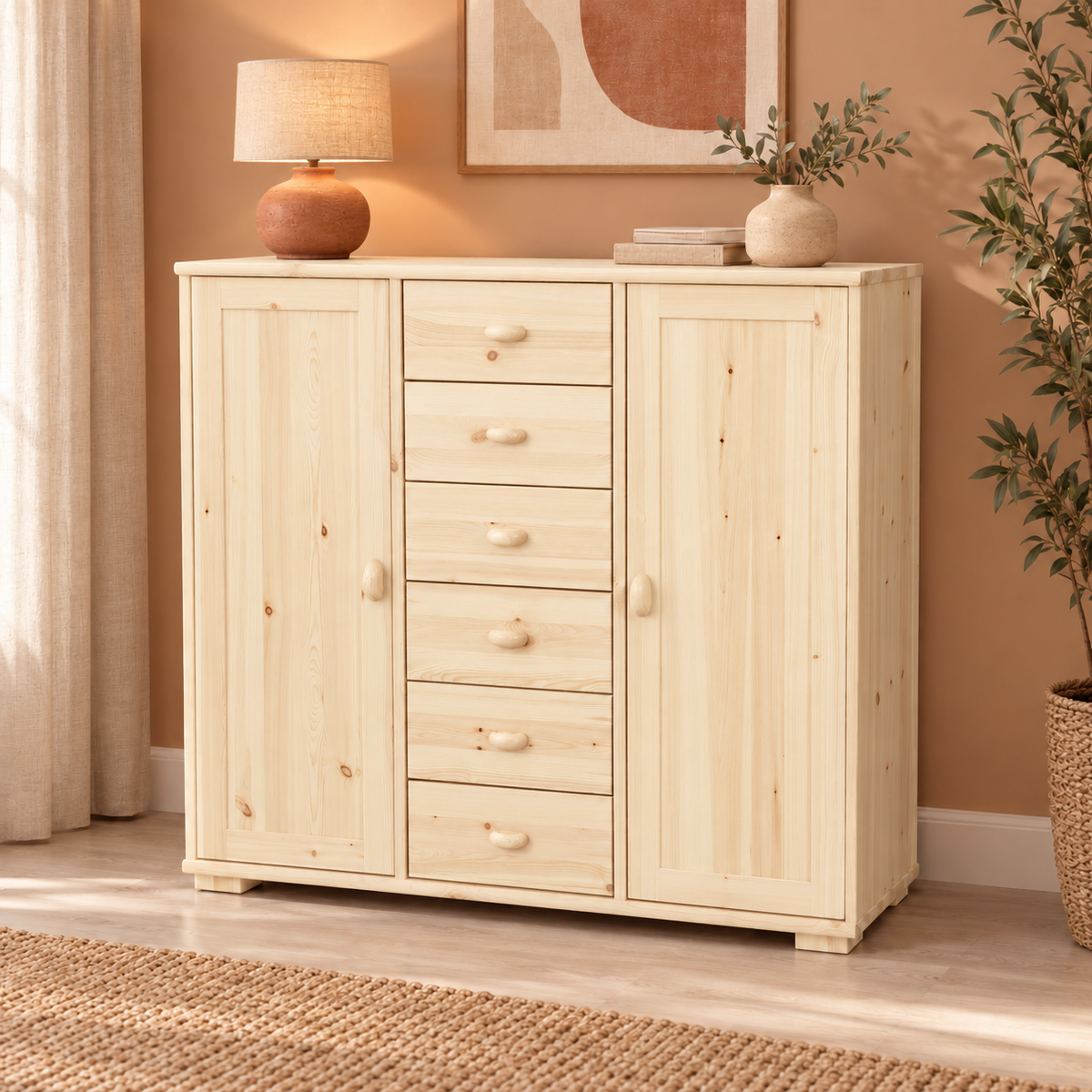 Vanessa Kommode Bio Massivholz | 2-Türig mit 6 Schubladen | Hochwertiges Sideboard aus 100% Bio Massivholz