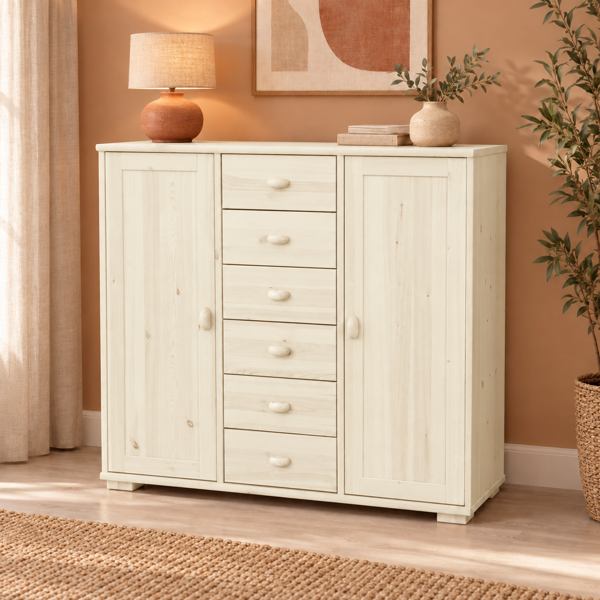 Vanessa Kommode Bio Massivholz | 2-Türig mit 6 Schubladen | Hochwertiges Sideboard aus 100% Bio Massivholz
