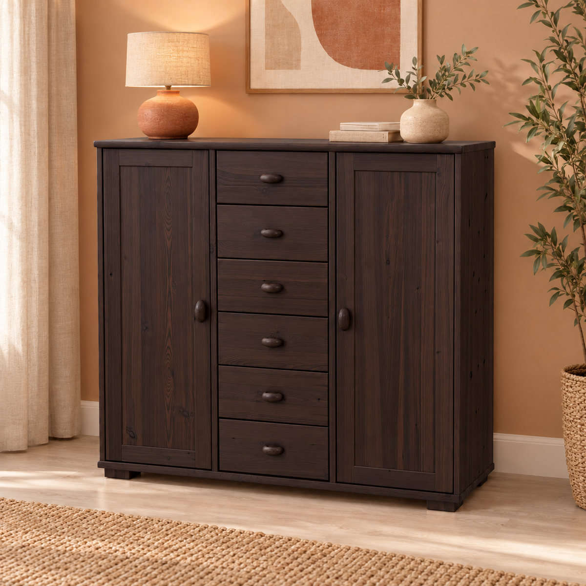 Vanessa Kommode Bio Massivholz | 2-Türig mit 6 Schubladen | Hochwertiges Sideboard aus 100% Bio Massivholz