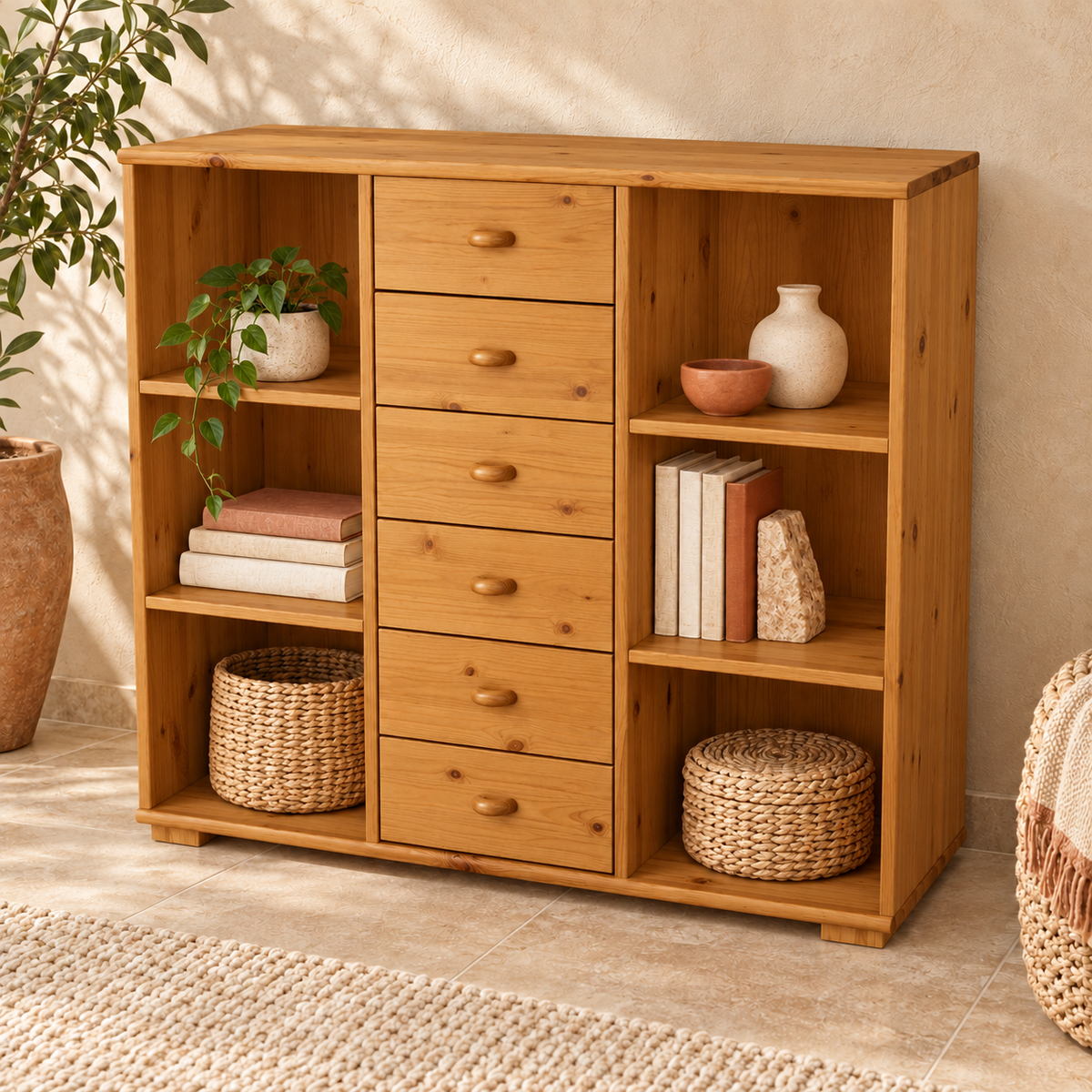 Vanessa Kommode Sideboard aus 100% Bio Massivholz | Anrichte mit 6 Regalfächern und 6 Schubladen