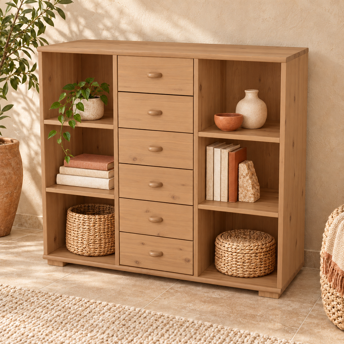 Vanessa Kommode Sideboard aus 100% Bio Massivholz | Anrichte mit 6 Regalfächern und 6 Schubladen