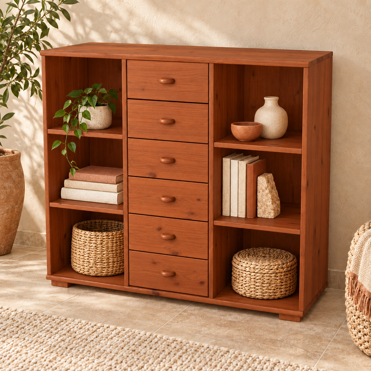 Vanessa Kommode Sideboard aus 100% Bio Massivholz | Anrichte mit 6 Regalfächern und 6 Schubladen