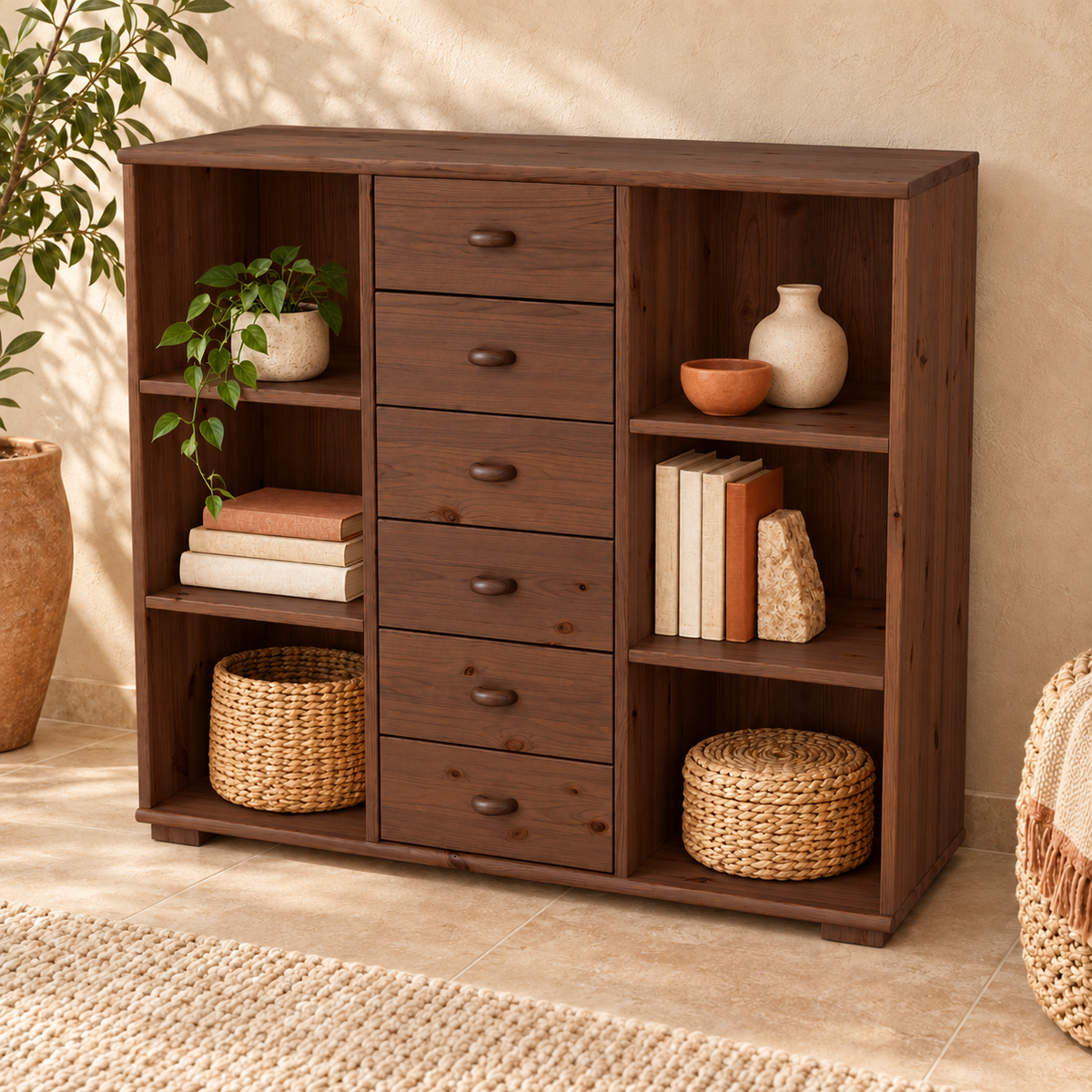 Vanessa Kommode Sideboard aus 100% Bio Massivholz | Anrichte mit 6 Regalfächern und 6 Schubladen