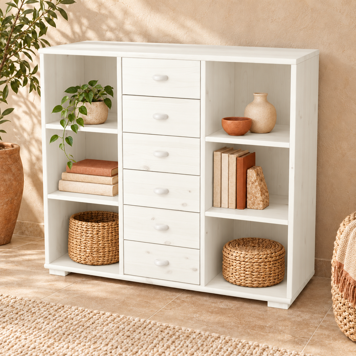 Vanessa Kommode Sideboard aus 100% Bio Massivholz | Anrichte mit 6 Regalfächern und 6 Schubladen