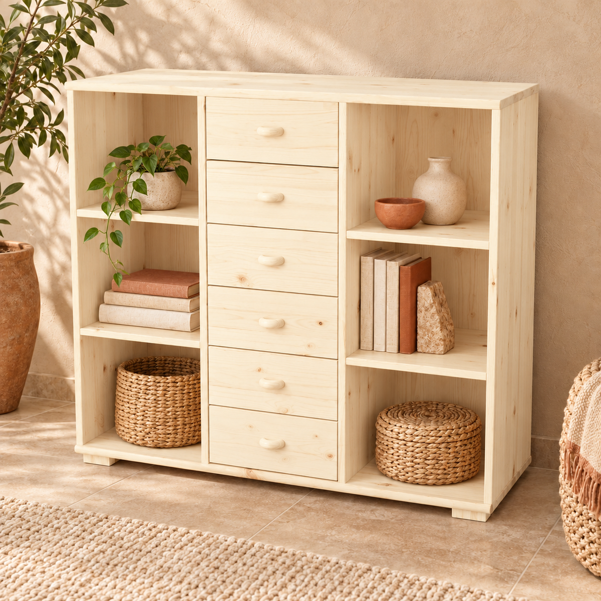 Vanessa Kommode Sideboard aus 100% Bio Massivholz | Anrichte mit 6 Regalfächern und 6 Schubladen