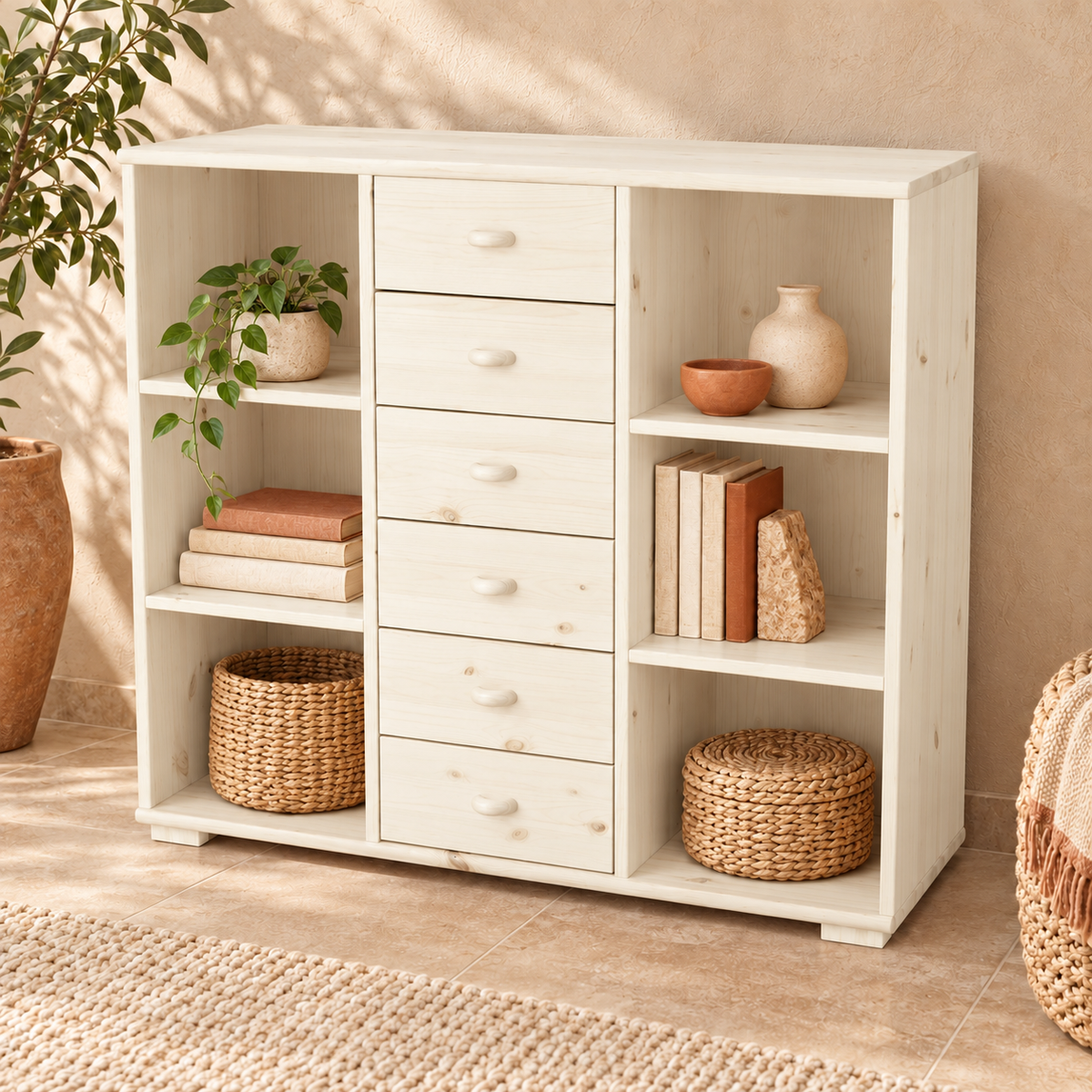 Vanessa Kommode Sideboard aus 100% Bio Massivholz | Anrichte mit 6 Regalfächern und 6 Schubladen