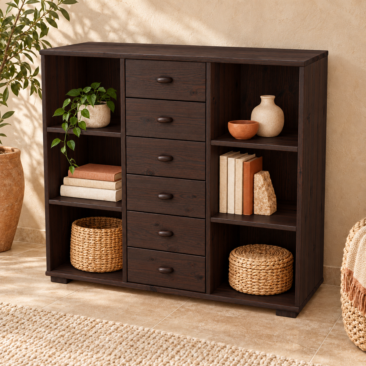 Vanessa Kommode Sideboard aus 100% Bio Massivholz | Anrichte mit 6 Regalfächern und 6 Schubladen