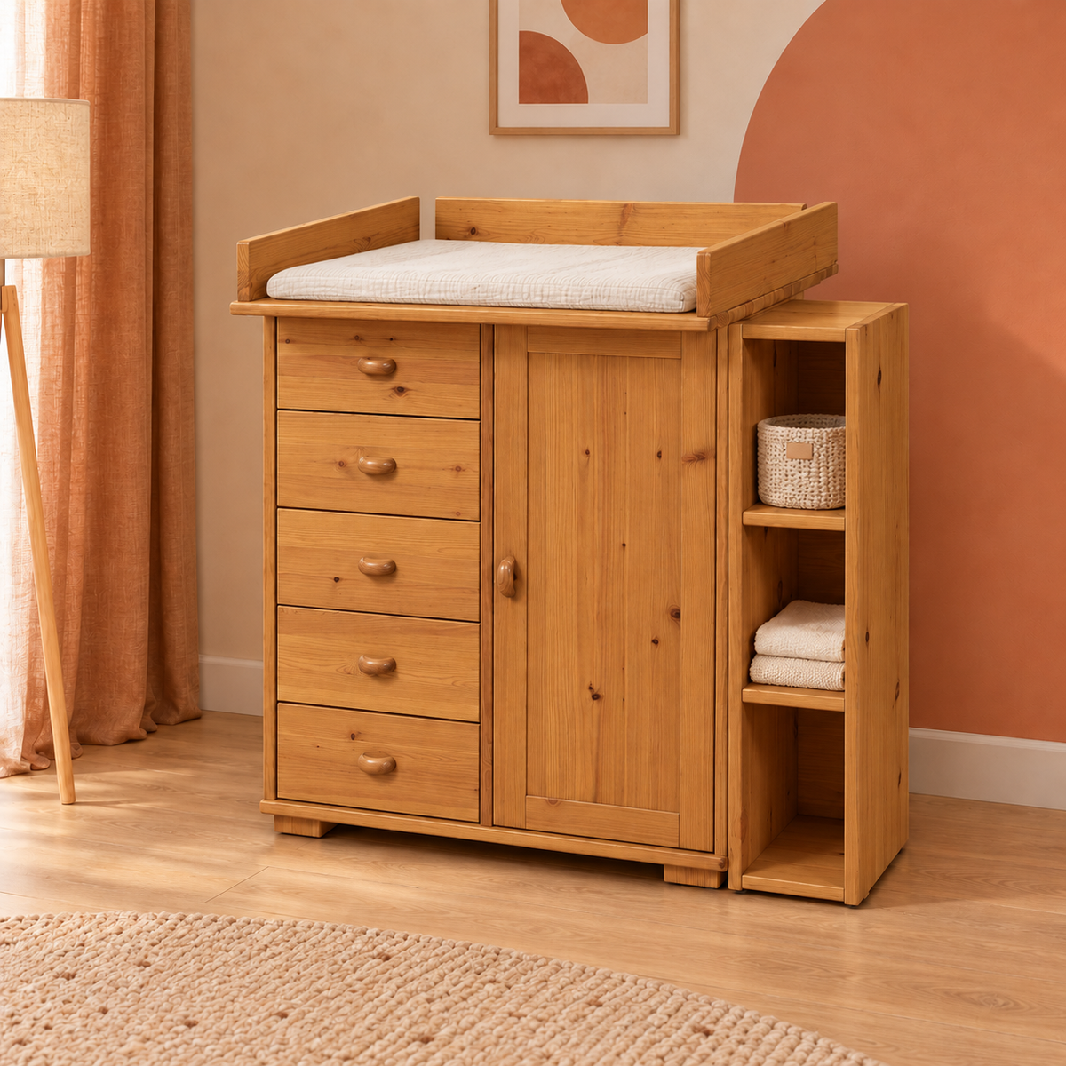 Vanessa Wickelkommode Set aus Kiefer Massivholz – 100% Bio Wickeltisch Set für Ihr Baby