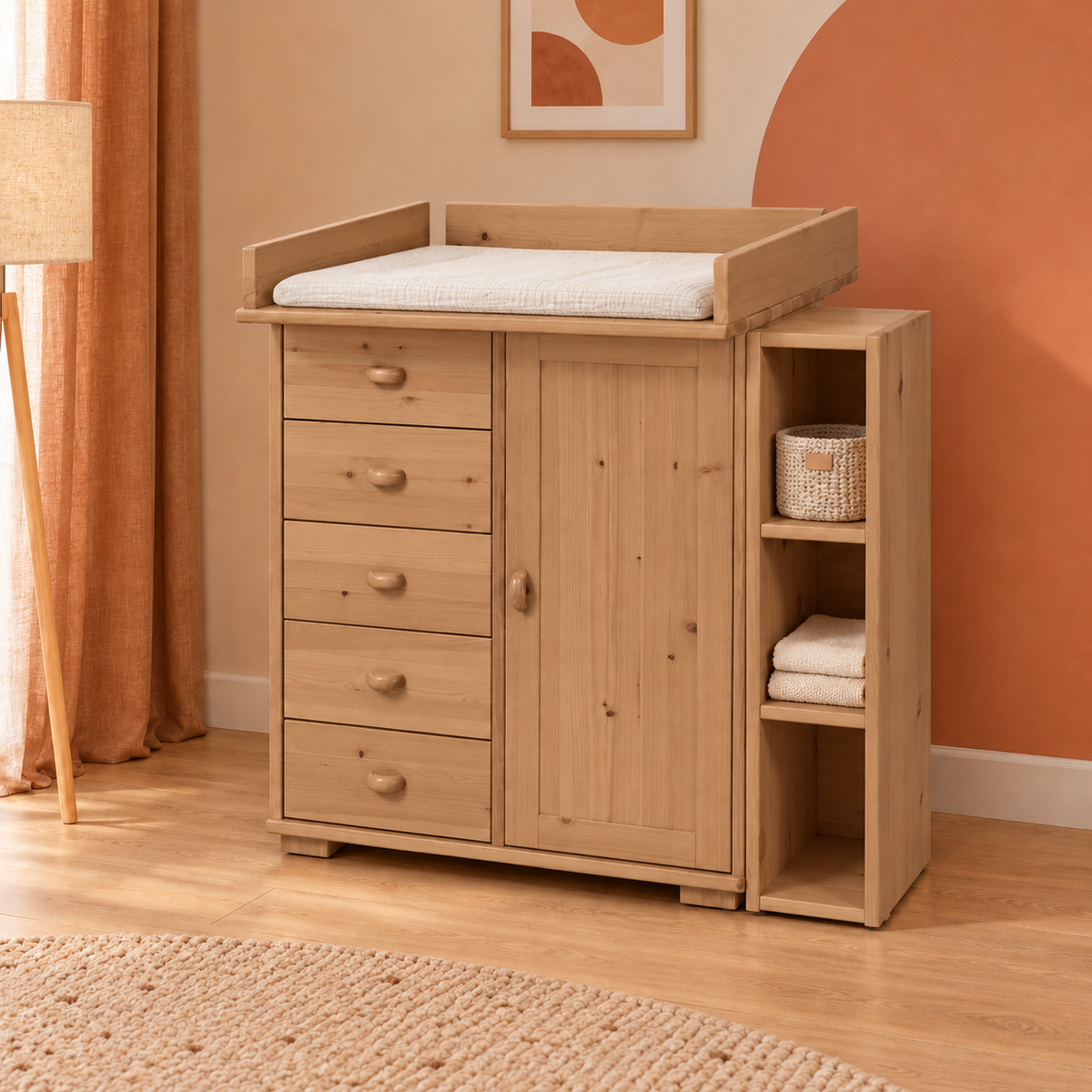 Vanessa Wickelkommode Set aus Kiefer Massivholz – 100% Bio Wickeltisch Set für Ihr Baby