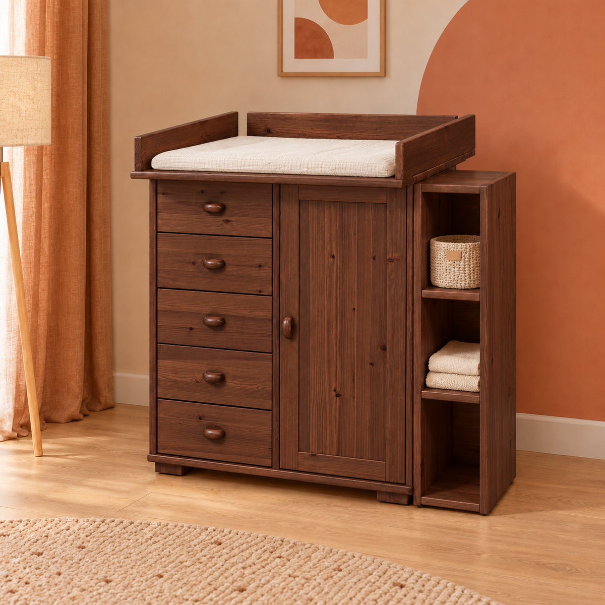 Vanessa Wickelkommode Set aus Kiefer Massivholz – 100% Bio Wickeltisch Set für Ihr Baby