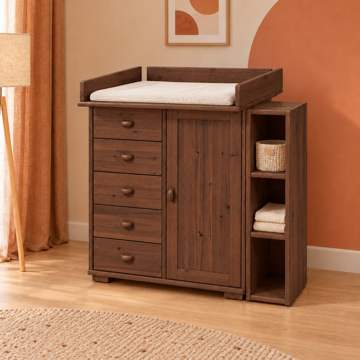 Vanessa Wickelkommode Set aus Kiefer Massivholz – 100% Bio Wickeltisch Set für Ihr Baby