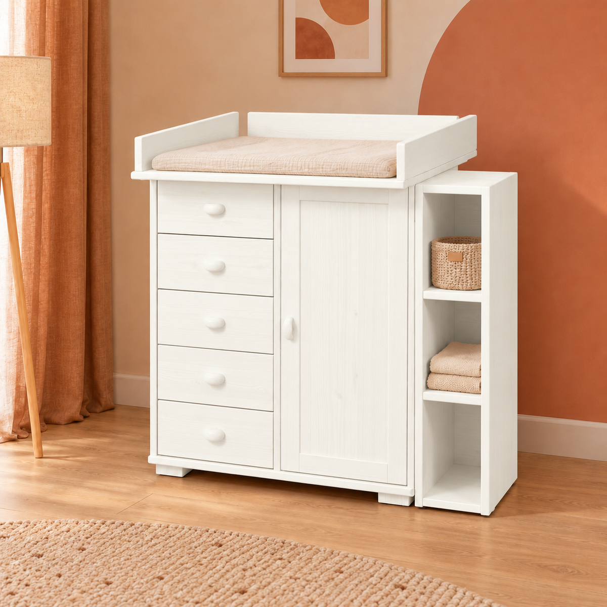 Vanessa Wickelkommode Set aus Kiefer Massivholz – 100% Bio Wickeltisch Set für Ihr Baby