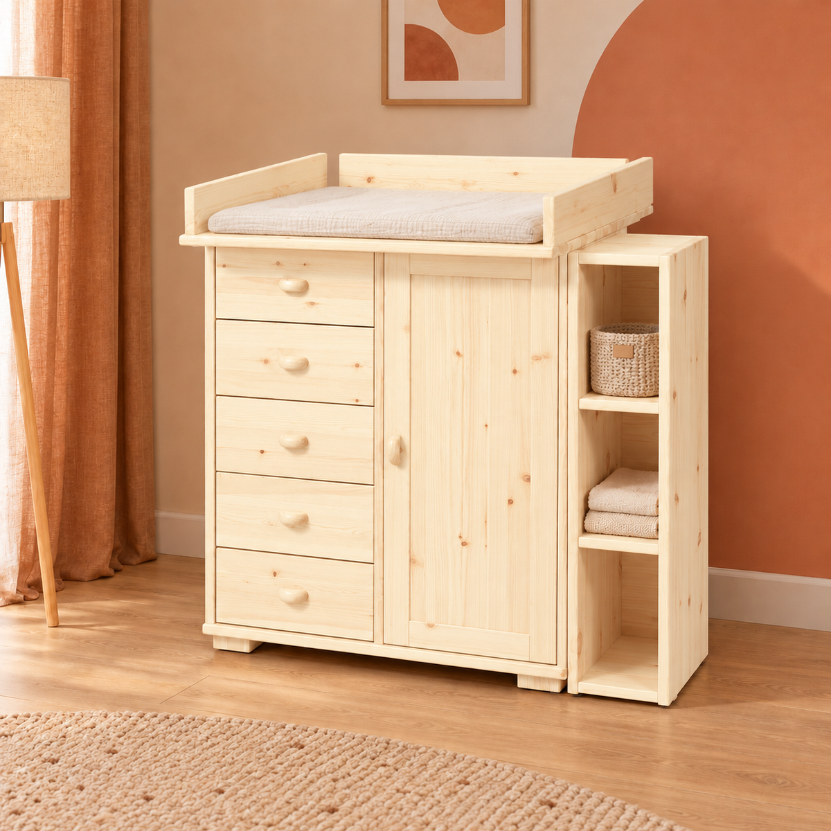 Vanessa Wickelkommode Set aus Kiefer Massivholz – 100% Bio Wickeltisch Set für Ihr Baby