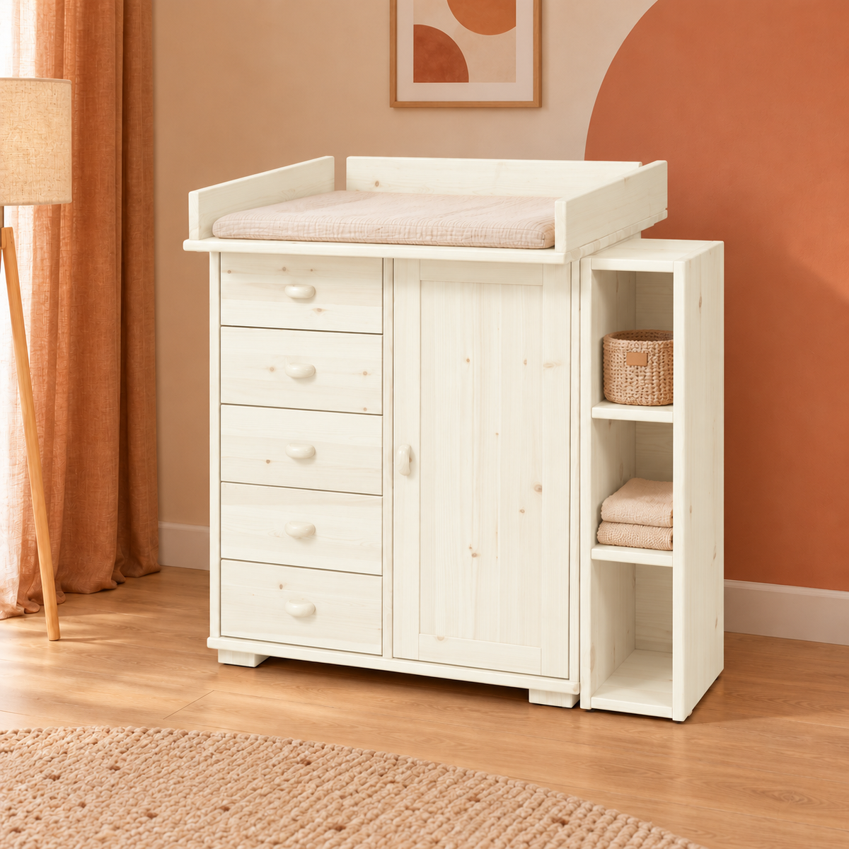 Vanessa Wickelkommode Set aus Kiefer Massivholz – 100% Bio Wickeltisch Set für Ihr Baby