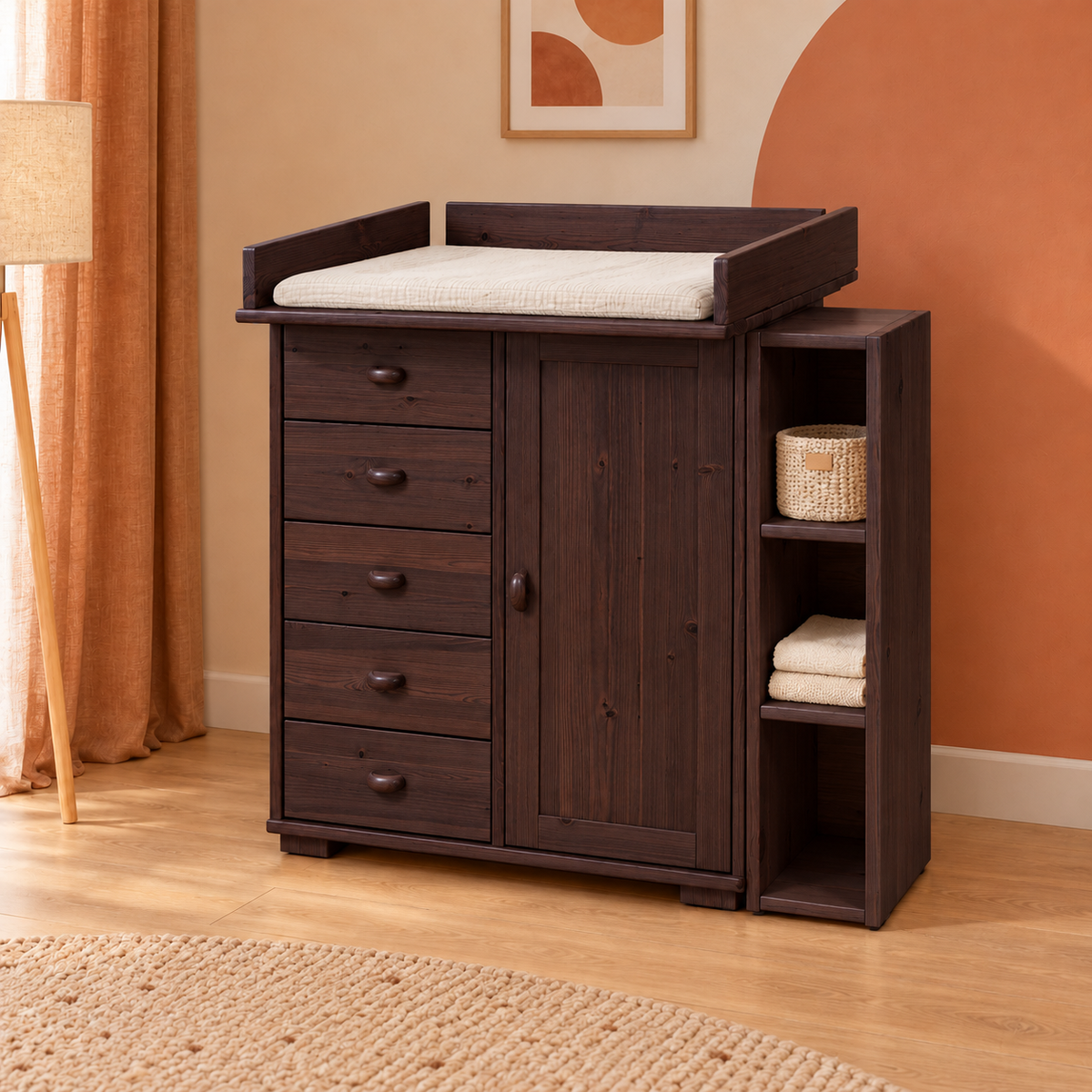 Vanessa Wickelkommode Set aus Kiefer Massivholz – 100% Bio Wickeltisch Set für Ihr Baby