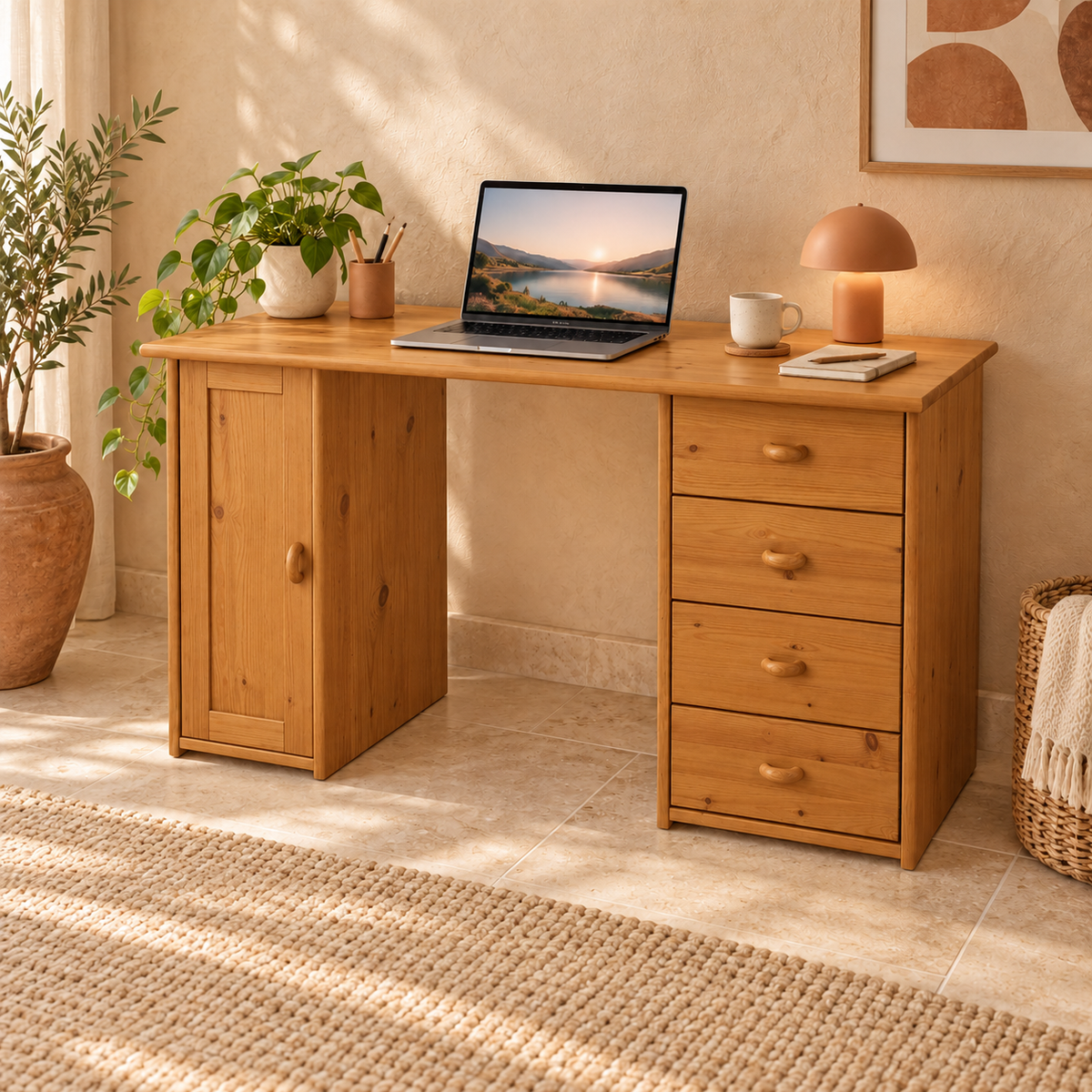 Vanessa Schreibtisch aus Kiefer Massivholz | 1-Türig | 4-Schubladen - Für ein stilvolles Home-Office