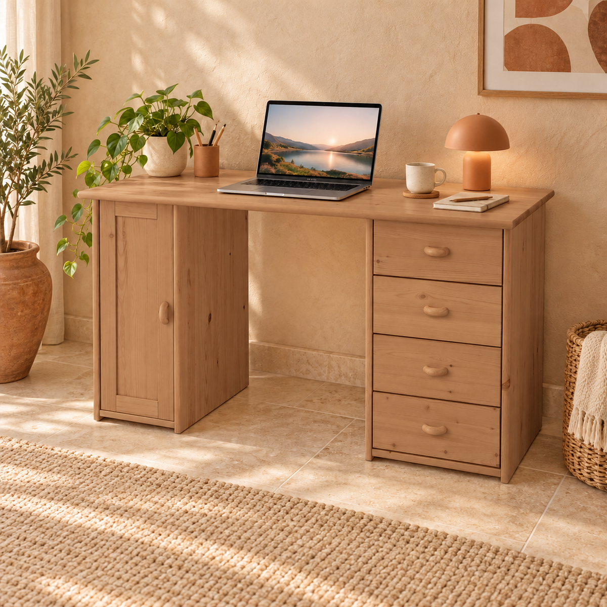 Vanessa Schreibtisch aus Kiefer Massivholz | 1-Türig | 4-Schubladen - Für ein stilvolles Home-Office