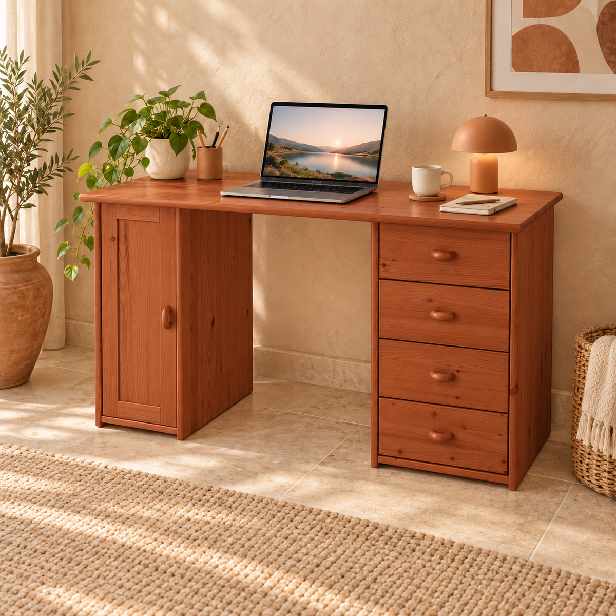 Vanessa Schreibtisch aus Kiefer Massivholz | 1-Türig | 4-Schubladen - Für ein stilvolles Home-Office