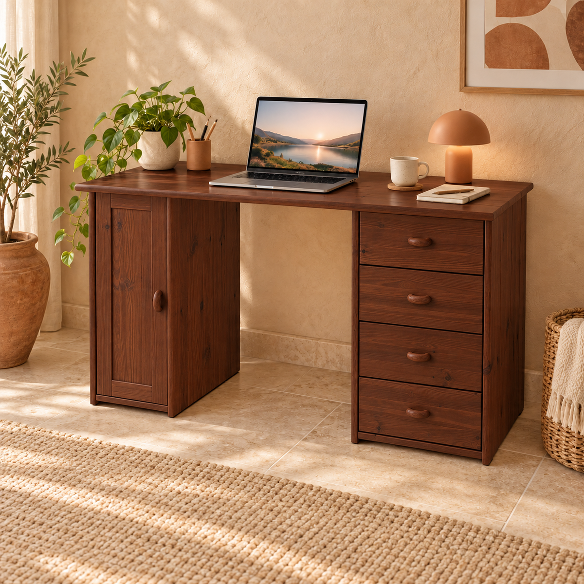 Vanessa Schreibtisch aus Kiefer Massivholz | 1-Türig | 4-Schubladen - Für ein stilvolles Home-Office
