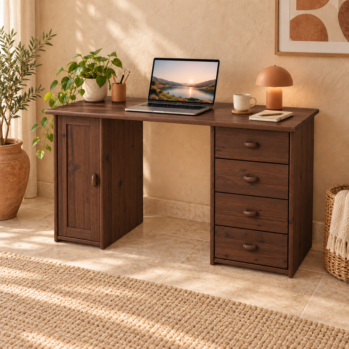 Vanessa Schreibtisch aus Kiefer Massivholz | 1-Türig | 4-Schubladen - Für ein stilvolles Home-Office
