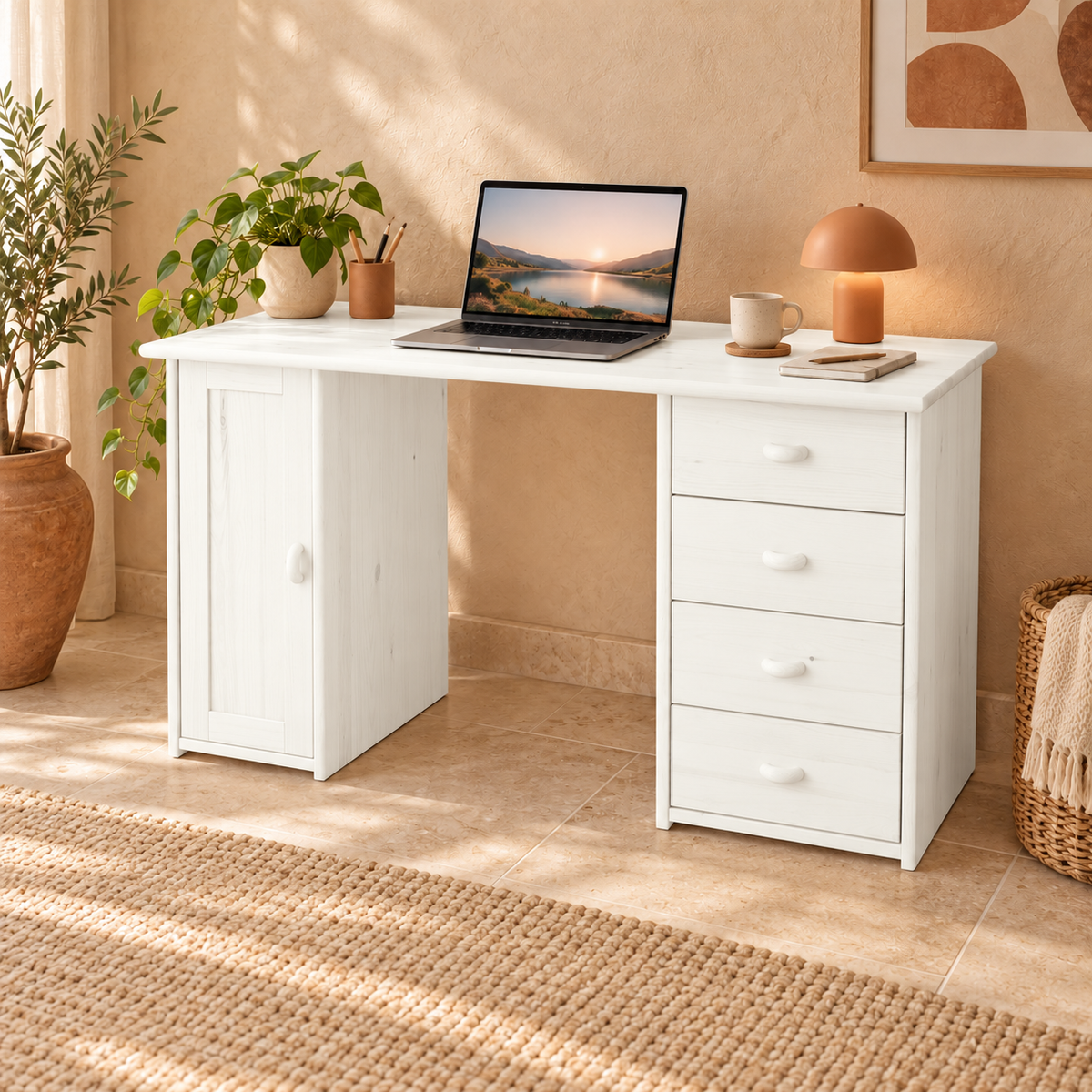 Vanessa Schreibtisch aus Kiefer Massivholz | 1-Türig | 4-Schubladen - Für ein stilvolles Home-Office