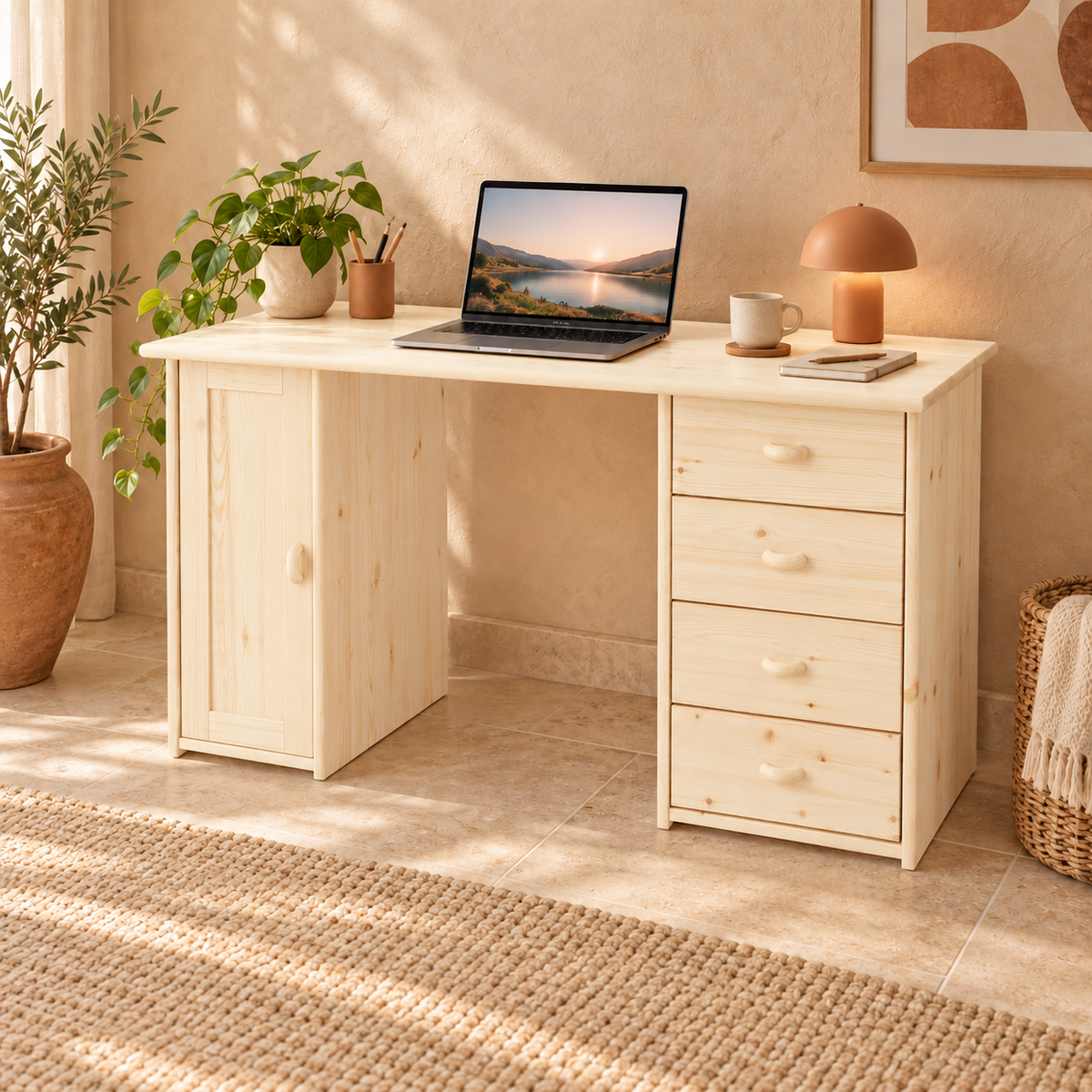 Vanessa Schreibtisch aus Kiefer Massivholz | 1-Türig | 4-Schubladen - Für ein stilvolles Home-Office