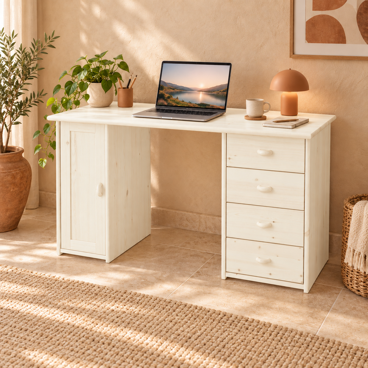 Vanessa Schreibtisch aus Kiefer Massivholz | 1-Türig | 4-Schubladen - Für ein stilvolles Home-Office