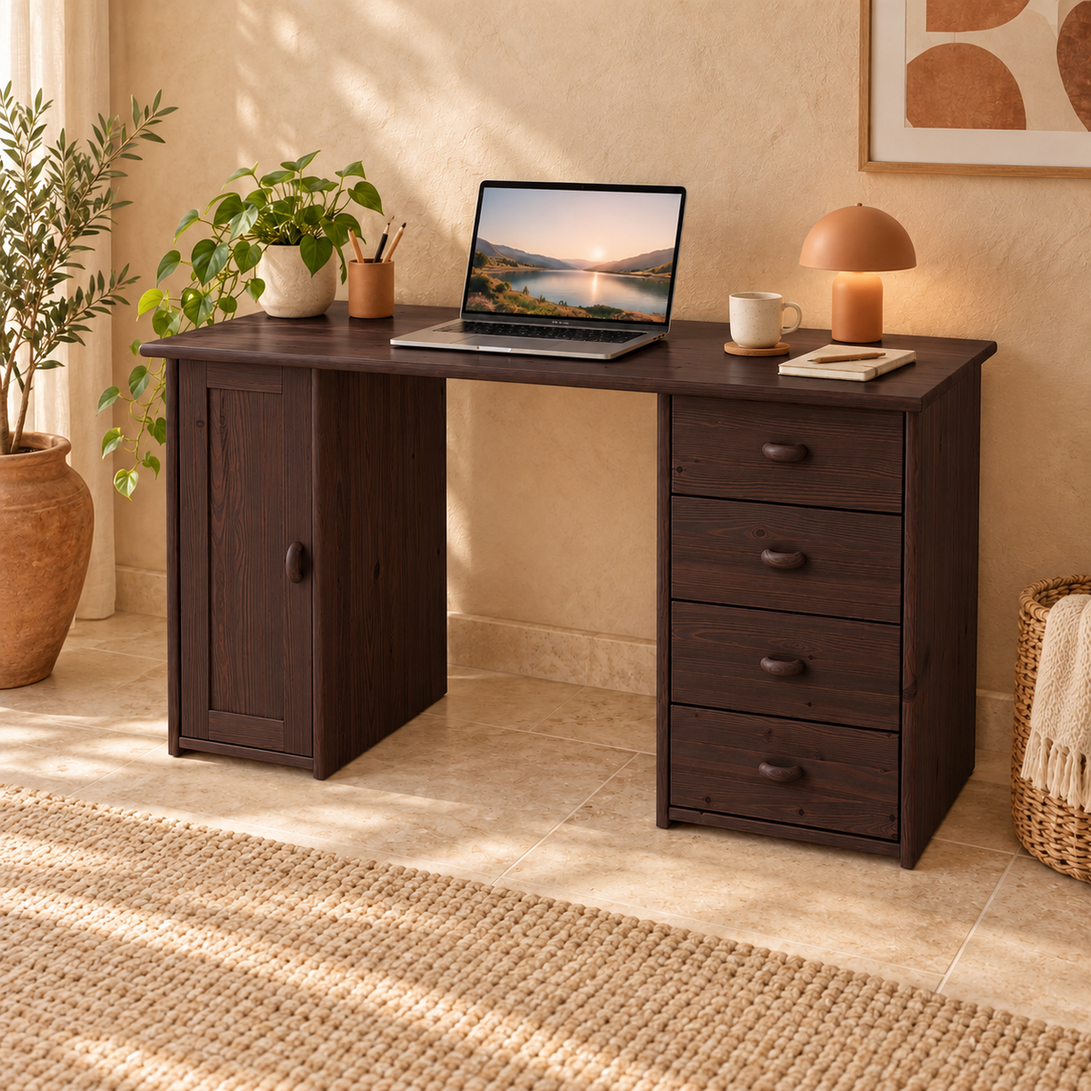 Vanessa Schreibtisch aus Kiefer Massivholz | 1-Türig | 4-Schubladen - Für ein stilvolles Home-Office